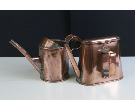 19th century copper flat back barge kettle with side handle and hinged lid, 17cm high (a/f) together with 19th century can wi