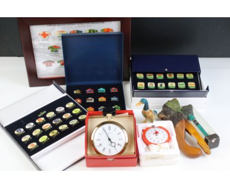 The Cricketer 2003 cricket world cup pin collection together with other boxed cricket badges, Smith's sports timer, large Smi