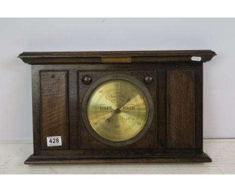 1930's oak wall barometer with presentation plaque, H 30cm D 6.5cm W 50cm