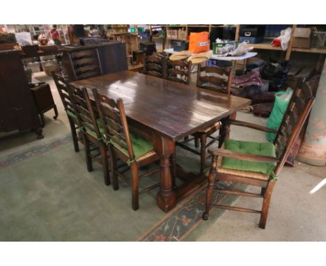 20th century large oak dining table with H stretcher base on turned wood legs H 76cm  W 193cm D 94cm together with eight ladd