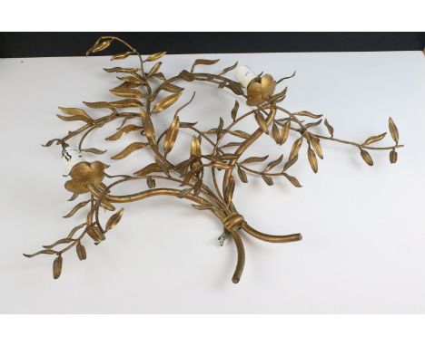 Gilded two branch wall lamp with leaf detail, H 56cm