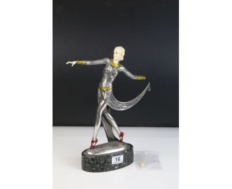 Lorenzl Art Deco metal figurine of dancing lady in red shoes stood on oval marble base, H 36.5cm