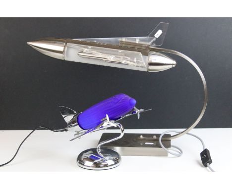 20th century art deco style chrome and cobalt blue glass aeroplane table lamp H 22cm together with steel and clear perspex je