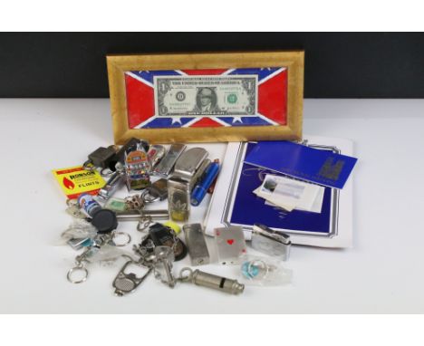 A small group of mixed collectables to include stamps, a collection of pocket lighters and a framed United States banknote.