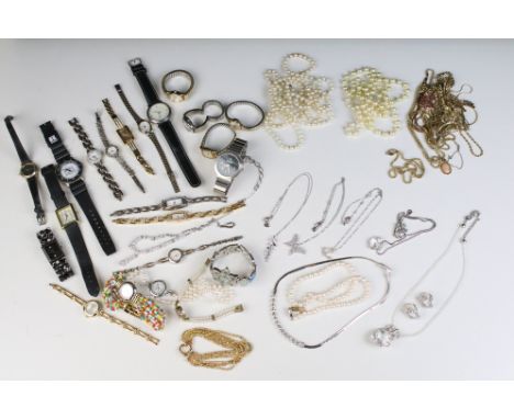 Collection of jewellery and watches to include six Swarovski crystal set necklaces and pair of clip on earrings, gold plated 