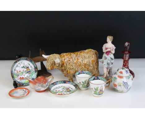 Selection of mixed ceramics to include a studio pottery highland cow ceramic spaghetti figurine, signed to base, a female fig