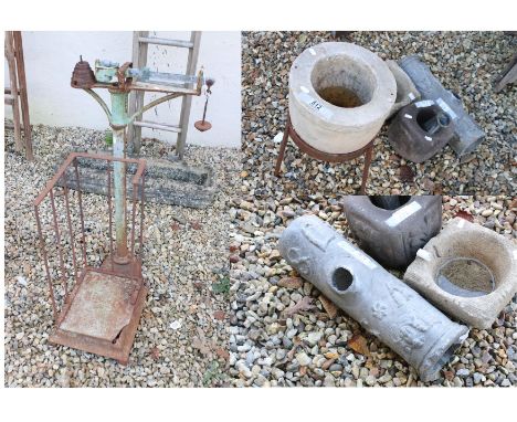 18th century lead drain pipe dated and marked W S 1782, W 45cm together with a carved stone crucible and two smelting pots, e