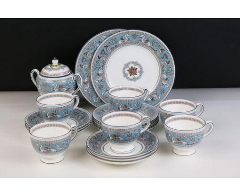 Wedgwood Florentine turquoise part tea set featuring mythical creatures, fruit and scroll pattern to include lidded urn style