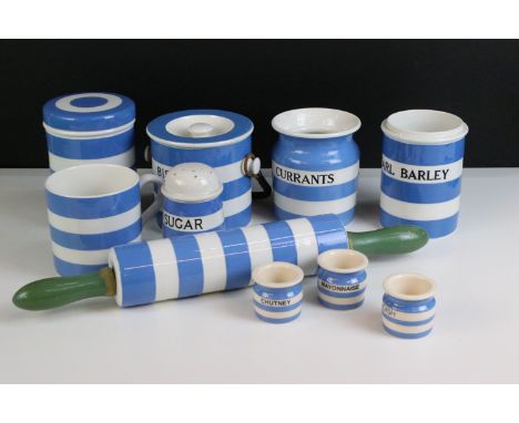 Small selection of T.G.Green blue and white striped Cornish Ware items to include, rolling pin, lidded storage jar, pearl bar