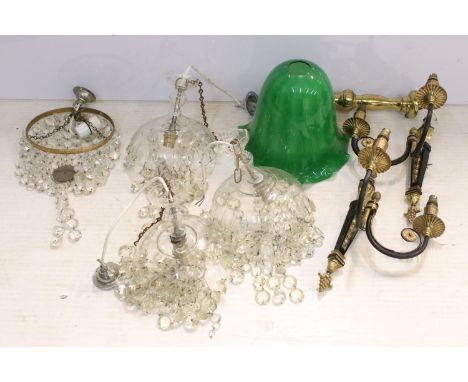 Selection of light shades and fittings to include bag chandelier with glass droplets, pair of glass dome shades with cascadin