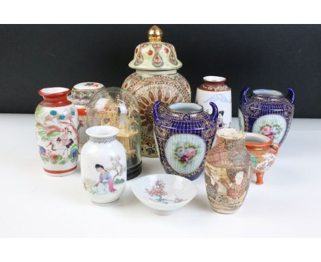 Noritake Japanese small cobalt vases together with other Chinese vase examples and a cork diorama cork sculpture within glass