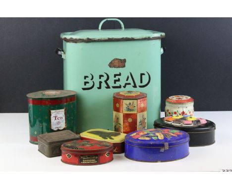 Large enamel bread bin, H 32cm together with a collection of vintage metal advertising tins to include bluebird toffee, Marks