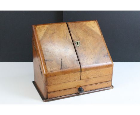 Edwardian walnut stationary box featuring interior letter dividers, long drawer, pen rest and glass inkwell, measures H 25cm,