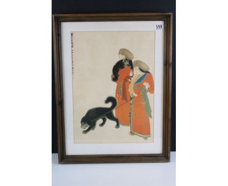 Xhang Diqian (1899 - 1983), portrait of Tibetan women with bull mastif dog, print / lithograph, bearing signature and red sea