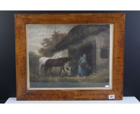 English school, figure, dog and horses by a barn, hand-coloured engraving, 43 x 55.5cm, in bird's eye maple frame