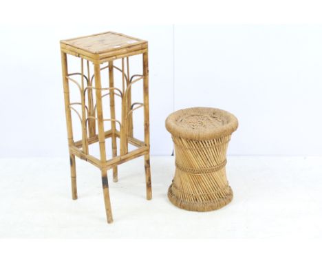 Retro bamboo and wicker square jardiniere or plant stand, 68cm high x 24cm wide together with a wicker and rush circular stoo