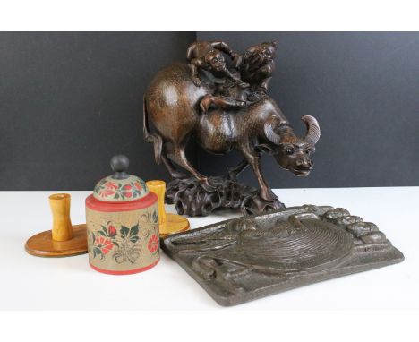 Chinese carved wood sculpture of man and boy riding water buffalo on carved base, together with a Wild Goose Studio cold cast