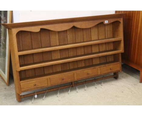 Panelled back oak wall shelf dresser top with top surround, drawers and hanging rail, H 86cm W 130cm D 20cm