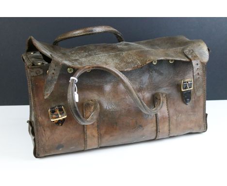 Vintage leather tool bag and wooden carpenters tool box, H 41cm W 68cm D 19cm