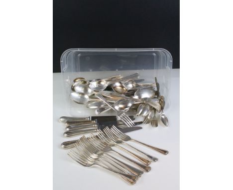 Collection of silver plated flatware / cutlery - to include three mother-of-pearl handled pickle forks and a marble handled p