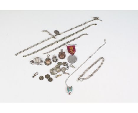 Selection of mostly silver jewellery to include silver and white metal pocket watch chain fragments, sterling silver and turq