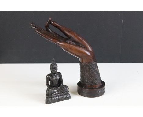 Carved Buddha H 13cm and hand with bracelet figurine, H 24cm