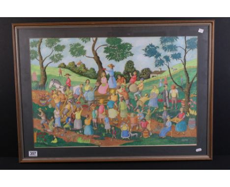 McCauley, country festival scene, mixed media, signed lower right, 48.5 x 73cm, framed and glazed