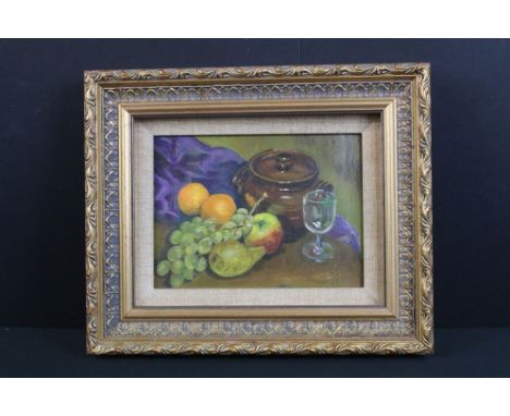 English school, still life study of fruit, glass and pottery cooking dish and cover, initialled MH lower right, 14 x 19cm, gi