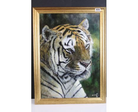 N Smith, portrait study of a tiger, oil on board, signed lower right, 60 x 42cm, gilt framed
