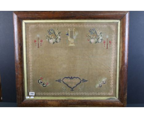 19th century woolwork tapestry sampler, by Sarah Brooks 1852, with inscription and pictures within Greek key design border, 5