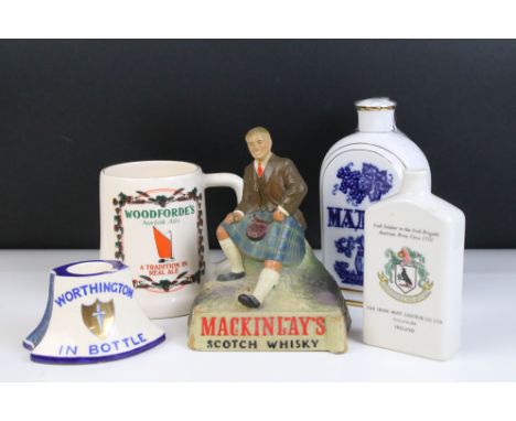 Selection of brewerania ceramic items to include a Worthington candle holder, Irish Mist legendary liqueur bottle, Woodforde'