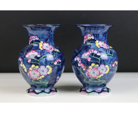 Pair of hand painted Maling Cetem Ware blue blossom baluster vases, H 15cm