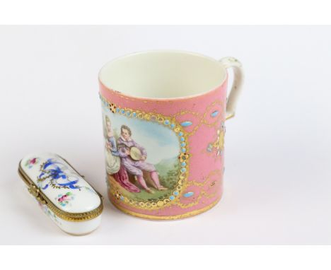 Limoges trinket box with bow detail and hand decorated cup with panel depicting a courting couple in period clothes 