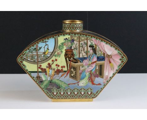 Japanese Cloisonne fan shaped vase vessel, depicting a scene of a lady sitting at desk watching a bird to one side and woman 