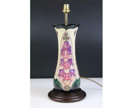 Moorcroft foxglove pattern table lamp base on circular wooden base, measures 43cm (to top of light fitting)