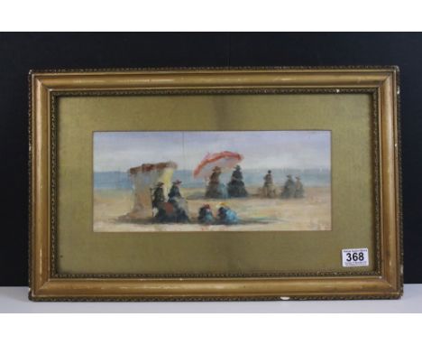 Impressionist school, view of a Victorian beach with family gathering by a beach hut and parasol, oil on canvas, 14.5 x 34.5c