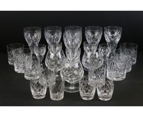 Assortment of cut glass to include wine glasses, tumblers, sherry glasses and brandy glasses in varying designs (1 box)