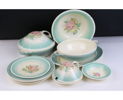 Susie Cooper Production, Patricia Rose design items to include lidded vegetable tureen, serving bowl, small dish, lidded pres