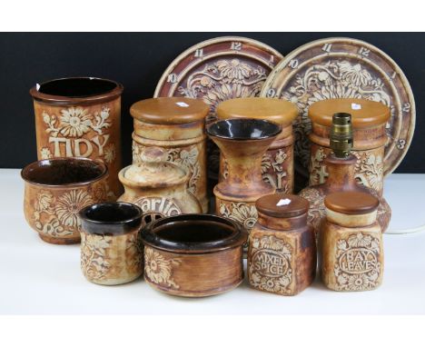 Quantity of Quantock stoneware items to include garlic pot, bay leaves jar, mixed spices jar, floral lamp base, floral bowls,