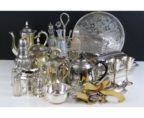 Large collection of silver plate to include lidded entree dish, tea pots, coffee pot, handled cruet set, serving tray, diamet