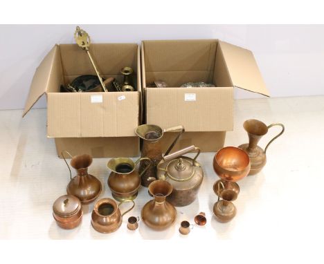 Large collection of mixed, copper, silver plate and brass items to include caviar dish, horse brasses, copper kettle, candle 