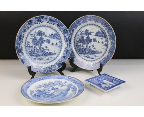 Pair of blue and white Chinese decorative landscape plates on stands, diameter 23cm together with small square dish with char