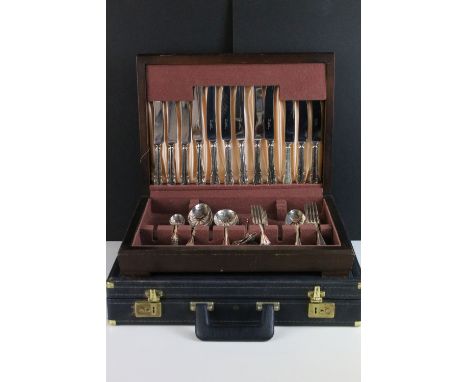 Bestecke Solingen gold plated cutlery set in fitted brief case together with a wooden canteen of stainless steel cutlery 