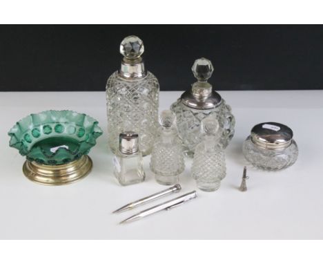 Collection of silver, silver plate and glassware to include: silver propelling pencil, London 1947 by Johnson Matthey &amp; C