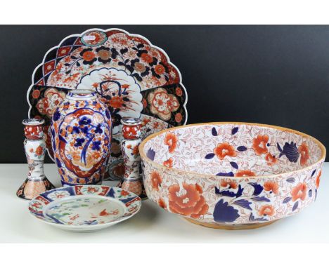 Japanese Imari charger platter, diameter 34cm together with a pair of Japanese ceramic candlesticks, baluster vase, Chinese p