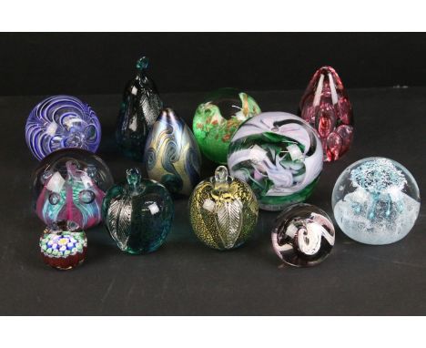 Quantity of decorative paperweights to include Caithness 'Checkpoint', 'Moon crystal', 'Marquee', Langham Glass, and millefio