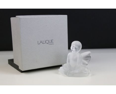 Lalique 2005 'Impish Baby Girl Figure' seated with outstretched fairy wings, H 9cm, boxed