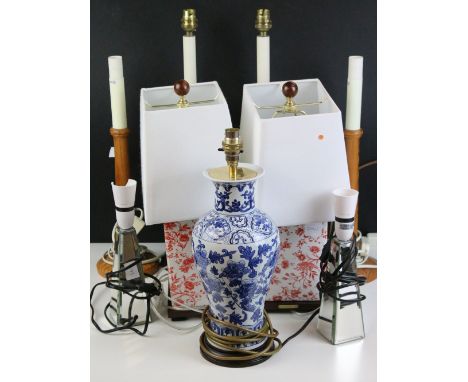 Selection of table lamps to include pair of Ralph Lauren Chinoiserie red and white floral rectangular bases and shades, glass