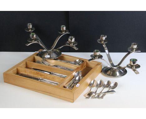 Tray of Kings Pattern cutlery together with a pair of modernist chrome metal four branch candelabras 