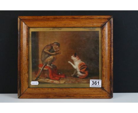 Satirical caricature scene with monkey and cat, oil painting, 17 x 22.5cm, maple framed and glazed